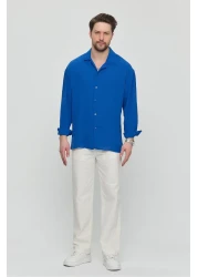 Gray Clothing Men's Indigo Linen Ayrobin Loose Fit Textured Oversize Summer Casual Shirt