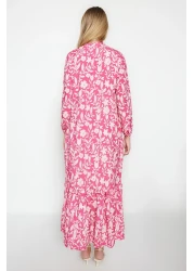  Modest Dark Pink Floral Half Placket Skirt Tip Ruffle Lined Woven Dress TCTSS21EL3353