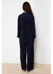  Modest Navy Blue Pleated Knitted Top and Bottom Set TCTSS24US00040