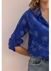 Olalook قميص كتان نسائي من Ivy Saks بأكمام زرقاء GML- 19000825