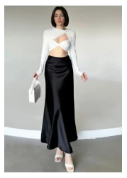 Ezva Women's Stylish Satin Belt Elastic 85 cm Flared Maxi Length Skirt