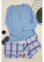  Collection 100% Cotton Blue PlaiD Pajamas Set - Lacing anD Button DetaileD THMAW25PT00004