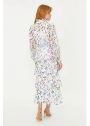  Modest Blue Belted Lined Chiffon Floral Woven Dress TCTSS24EB00024