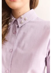 Olalook Women's Lilac Collar Stone and Sequin Detailed Flam Linen Shirt Gml-19001321