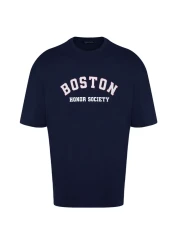  Collection Navy Blue Oversize Socks, Short Sleeve Boston Printed Cotton T-Shirt
