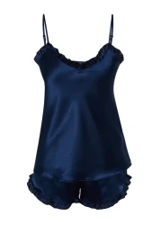  Collection Navy Blue Ruffled Rope Strap Satin Shorts Woven Pajamas Set Thmss22Pt0274
