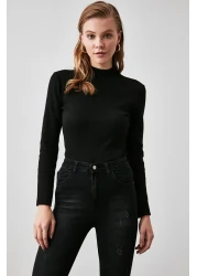  Collection Black Fitted High Collar Long Sleeve Ribbed Stretchy Knitted Blouse TWOAW21BZ0423