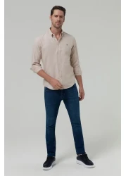 D'S Damat قميص أكسفورد قطني بيج بقصة ضيقة - سهل الكي وياقة بأزرار وتفاصيل مطرزة