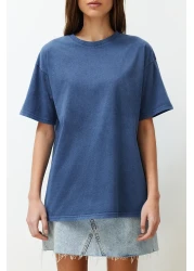  Collection Indigo 100% Cotton Faded Effect Back Printed Boyfriend Crew Neck Knitted T-Shirt TWOSS23TS00109