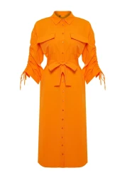  Modest Orange Belted Sleeves Adjustable Detail Button Cotton Woven Shirt Dress Tctss23Eb00365