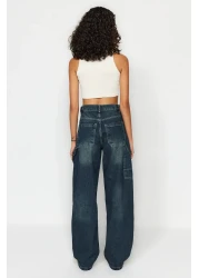  Collection جينز كاربنتر باللون الأزرق الداكن عالي الخصر - قصة فضفاضة مع تأثير الغسيل TWOAW24JE00308