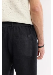 Avva Men's Black Relaxed Fit Elastic Waist 100% Linen Trousers B003032