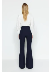  Collection Navy Blue Spanish Leg Flare Woven Fabric Trousers Tofaw19Bb0581