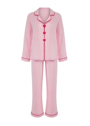  Collection Pink Heart Embroidered Bias Tape Viscose Woven Pajama Set Thmaw25Pt00179