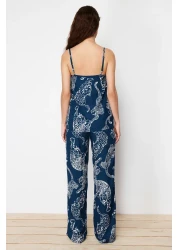  Collection Navy Blue Tiger Patterned Rope Strap Viscose Woven Pajamas Set Thmss24Pt00127