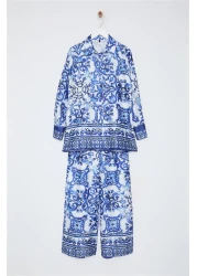  Modest Satin Woven Blue Patterned Top and Bottom Set - TCTAW25US00081