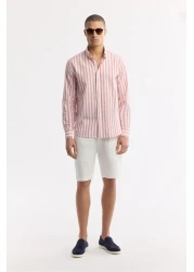 Avva Men's Red Comfort Fit 100% Cotton Button Collar Linen Textured Striped Shirt A51Y2167