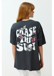  Collection Anthracite Front and Back Printed Oversize/Wide Fit Crew Neck Knitted T-Shirt TWOSS24TS00119