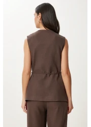 Happiness İstanbul بدلة بنطلون نسائية من الكتان بتفاصيل ربط باللون البني NO00026