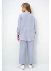 Trend Alaçatı Stili بدلة سفاري نسائية رمادية بجيب مزدوج وبنطلون Aerobin واسع الساق بخصر مطاطي Ymx8448