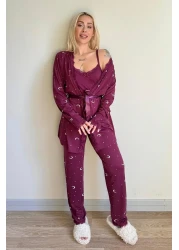 Pijamaevi Plum Moon Star Patterned Bamboo Dressing Gown Women's Pajamas Set