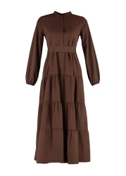  Modest فستان منسوج بحزام بني داكن وأزرار وطية صدر السترة TCTSS21EL3343