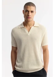 Avva Men's Beige 100% Cotton Polo Neck Buttonless Openwork Knitwear T-Shirt A51Y5166