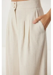 Happiness İstanbul بدلة بنطلون نسائية من الكتان الكريمي NO00020