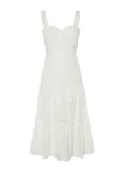  Collection White Waist Opening Midi Lined Embroidery Woven Dress TWOSS23EL00156