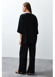  Collection طقم كيمونا وبنطلون أسود محبوك مريح - TWOSS24AU00091