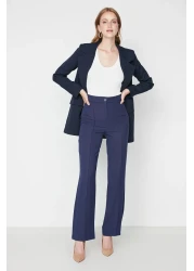  Collection Navy Blue Straight Cut High Waist Ribbed Stitched Woven Trousers TWOSS21PL0093