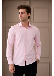 RAVANELLI قميص رجالي من القطن ذو أكمام طويلة وقصة ضيقة وياقة كلاسيكية منقوشة باللون الوردي