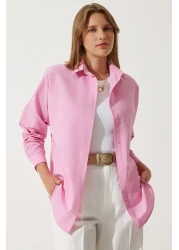 Happiness İstanbul قميص أساسي طويل وردي كبير الحجم للنساء DD00842