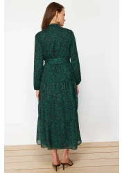  Modest فستان منسوج من الشيفون مبطن بحزام منقوش باللون الأخضر الداكن TCTSS21EL3346