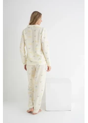 DOFİ طقم بيجامة Aerobin أصفر بأزرار للنساء - نمط الكرز، مناسب للصيف وملابس المنزل