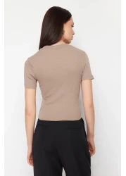  Collection Mink Button Detailed Ribbed Fitted/Fitted Stretch Knitted Blouse TWOSS24BZ00536