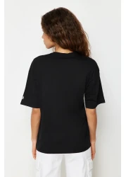  Collection Black 100% Cotton Slogan Printed Oversize/Wide Fit Crew Neck Knitted T-Shirt TWOSS23TS00183