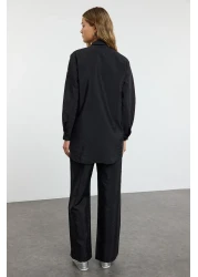  Modest بدلة صيفية من القماش المنفوش باللون الأسود اللامع مع تفاصيل حجرية قابلة للتعديل من الأسفل إلى الأعلى TCTAW25US00106