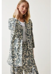 Happiness İstanbul بدلة بنطلون كيمونو بالازو بنمط رمادي على شكل عظمة للنساء EN00614