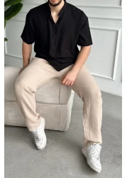 Livio Ferri قميص Soro رجالي كبير الحجم ذو مظهر كتان وأكمام قصيرة وياقة نصف فتحة