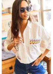 Olalook قميص نسائي كاجوال من الكتان المنسوج مع جيوب وتطريز GML-19001009