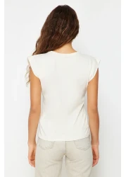  Collection Beige 100% Cotton Wadding Look Basic Crew Neck Knitted T-Shirt TWOSS20TS0021