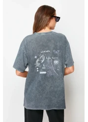  Collection Anthracite 100% Cotton Faded Effect Back Printed Boyfriend Crew Neck Knitted T-Shirt TWOSS23TS00109