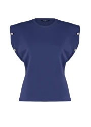  Collection Navy Blue 100% Cotton Button Detailed Wadding Appearance Basic Crew Neck Knitted T-Shirt TWOSS23TS00016