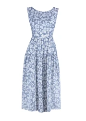  Collection فستان ميدي منسوج بتصميم زهور منخفض الخصر ومفتوح من الخصر باللون الأزرق TWOSS21EL0709