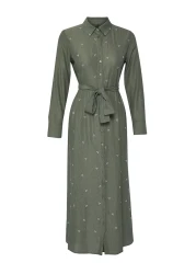  Modest فستان قميص منسوج سادة بتفاصيل حجرية كاكي - حجاب مجعد TCTSS25EB00049