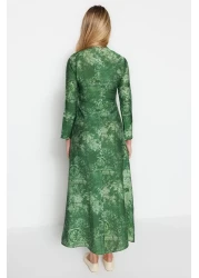  Modest Green Patterned Double Breasted Detailed Woven Dress with Collar TCTSS23EB00225