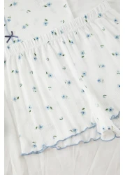  Collection طقم بيجامة محبوكة مع شريط/فيونكة من القطن الأبيض بنسبة 100% مع شورت مضلع THMSS25PT00434