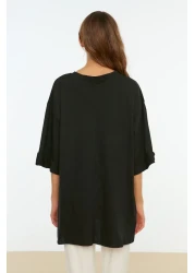  Collection Asymmetrical Boyfriend Cut Knitted T-Shirt - Black, Double Sleeve, Wide - Twoss20Ts0828