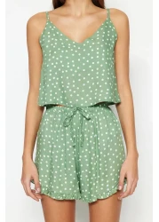  Collection Mint Polka Dot Ruffle Detail Rope Strap Viscose Shorts Woven Pajama Set Thmss21Pt0742